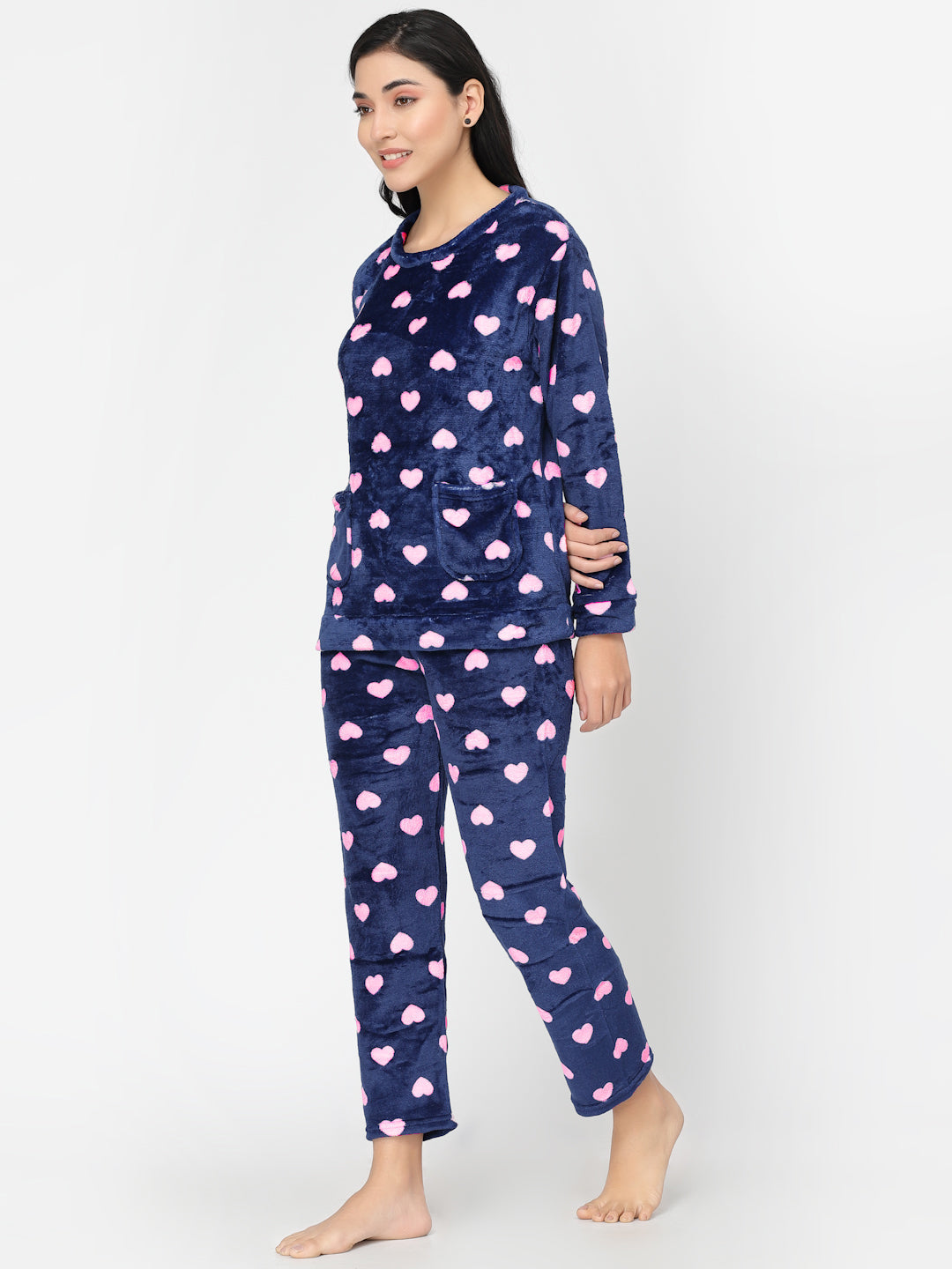 Sajiero Fleece Long Sleeve Pajama Suit Navy Blue