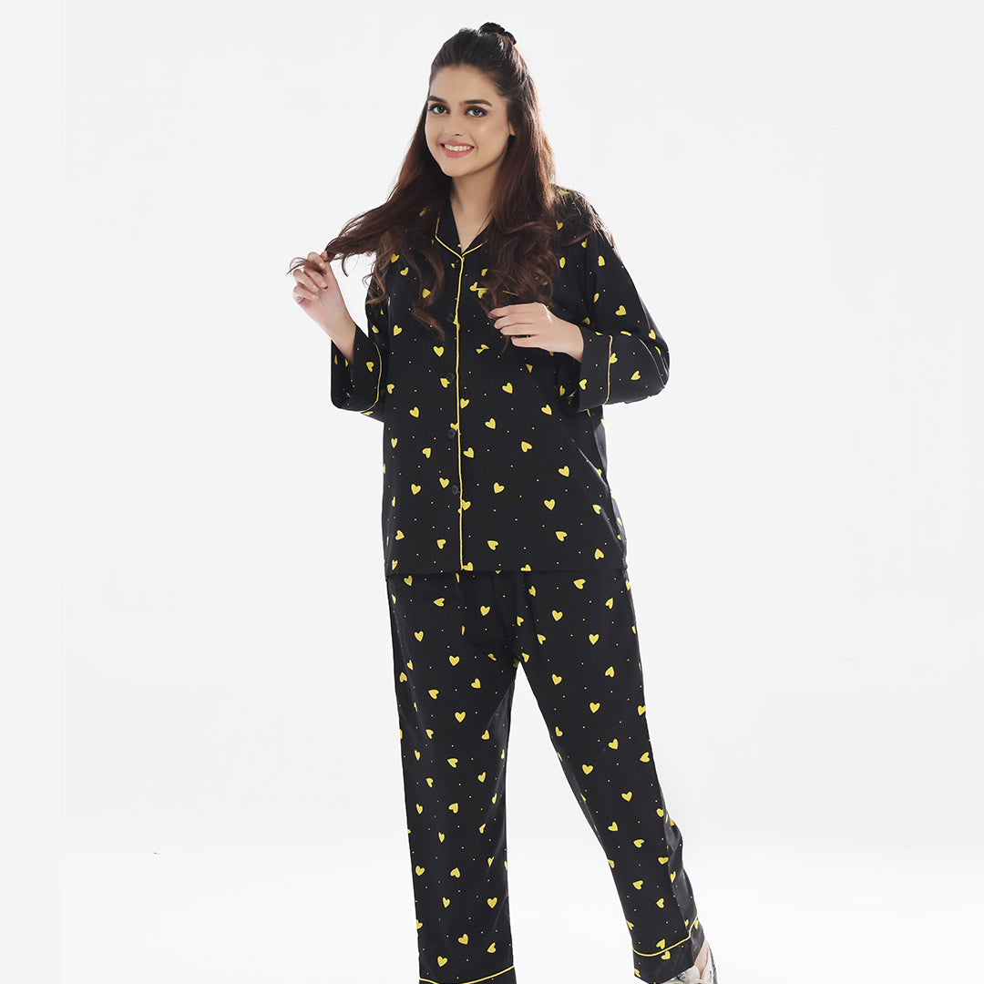 Sajiero Linen Pajama Suit - Yellow Hearts