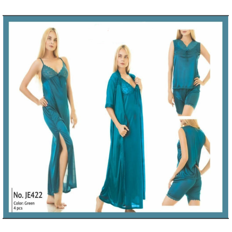 Sajiero Sandar 4PCS Long Inner & Gown Nighty sexy nightie with silk long gown price in pakistan