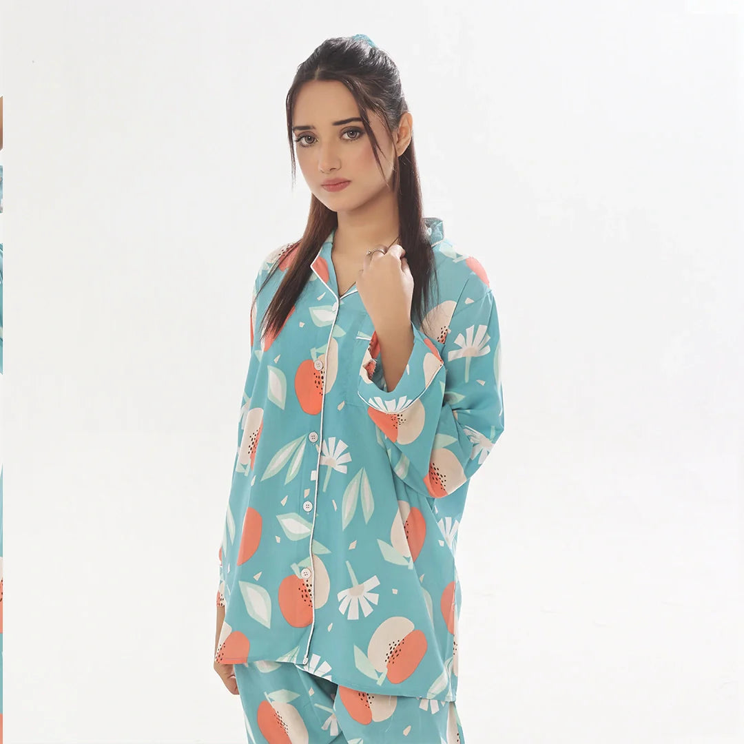 Sajiero Hawaiian Blue Linen Pajama Suit