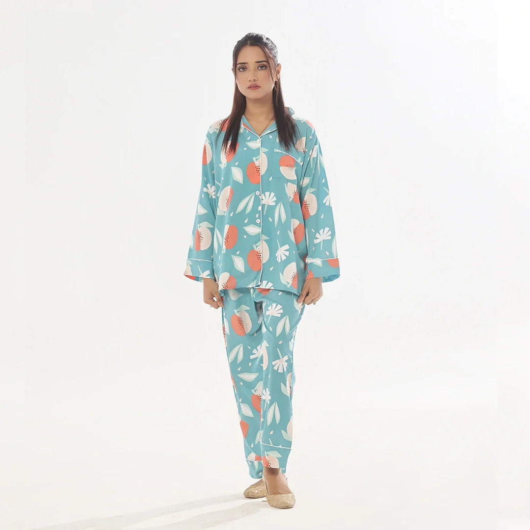 Sajiero Hawaiian Blue Linen Pajama Suit