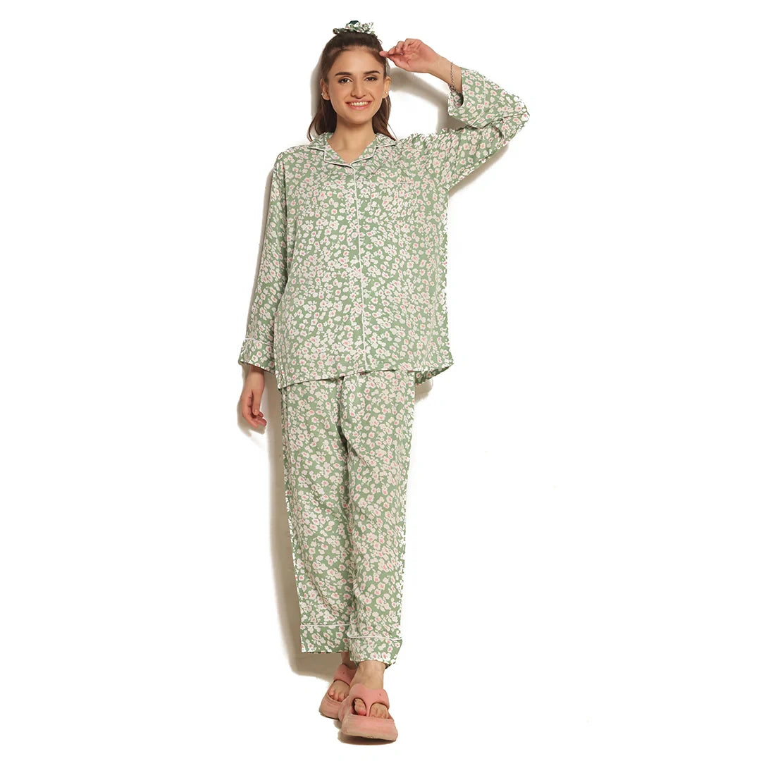 Sajiero Mint Bloom Linen Pajama Suit