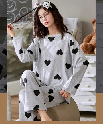 BAMS Cotton Printed Pajama Suit Black Hearts