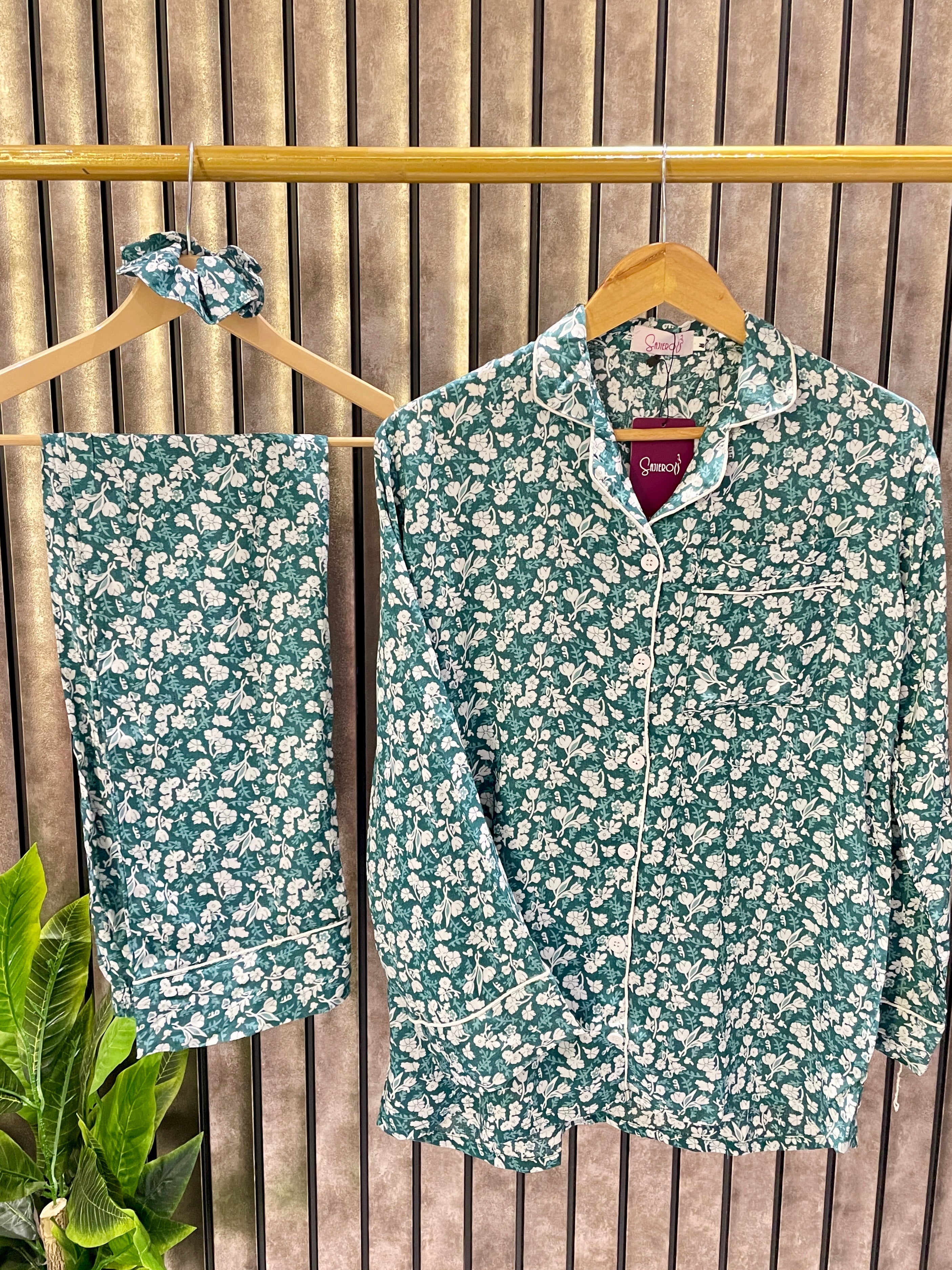 Sajiero Floral Deep Sea Green Linen Pajama Suit