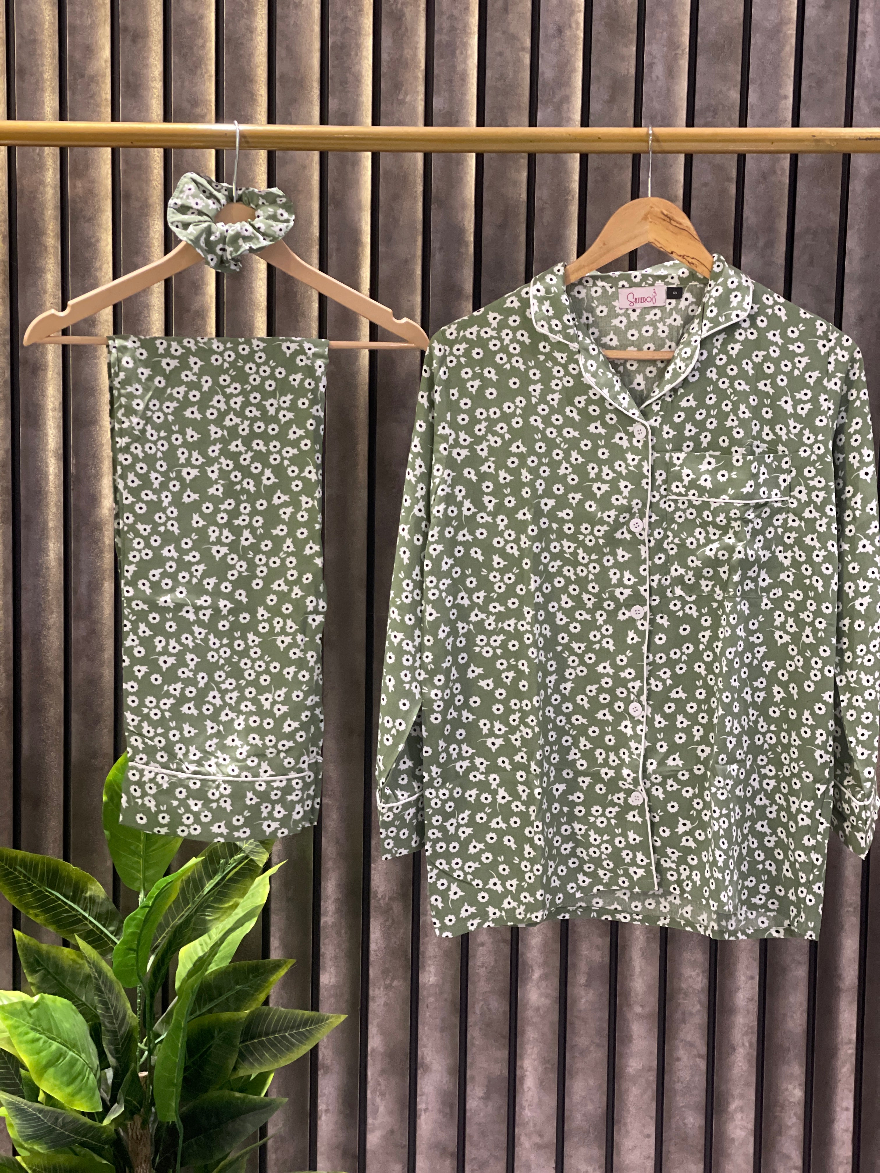 Sajiero Floral Olive Linen Pajama Suit