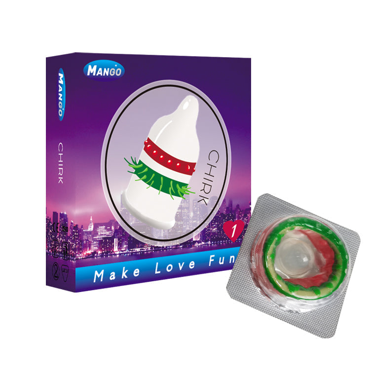 Mango Chirik Spike condom featuring a ribbed texture for enhanced pleasure and protection.