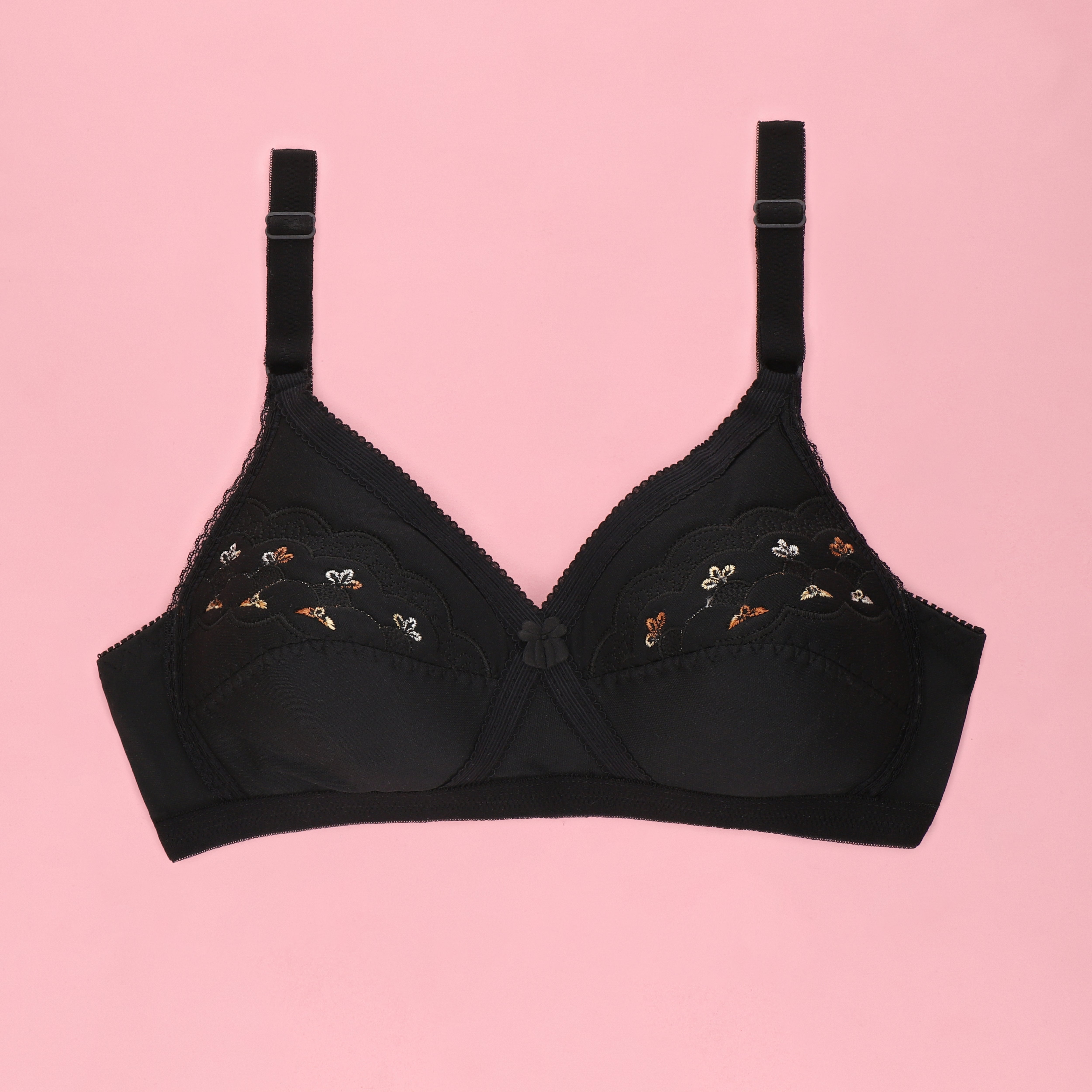 Features delicate embroidery on the upper cups, offering all-day comfort and gentle shaping with a wire-free design. 