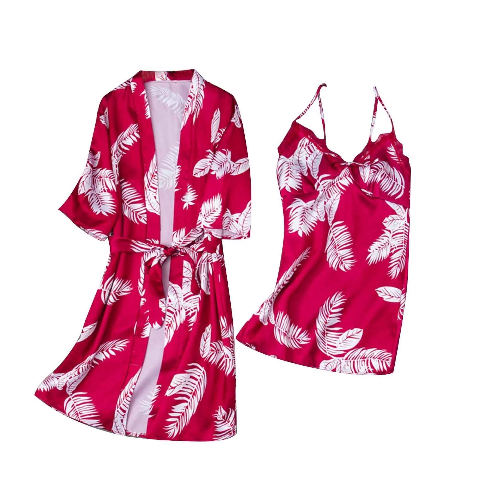 Sajiero Hawaiian Print Silk 2pcs Nightgown set