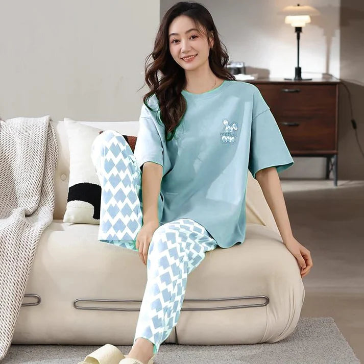 BAMS Cotton Printed Pajama Suit Sky Blue