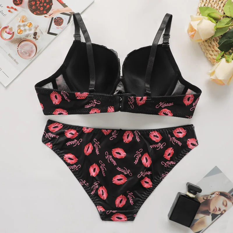 Sajiero Optic Lace Print Padded Bra and Panty Set