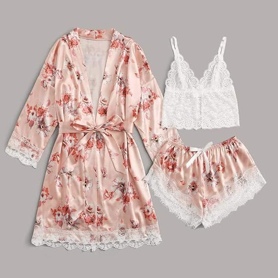 Lily Floral Silk 3pcs Nightgown set