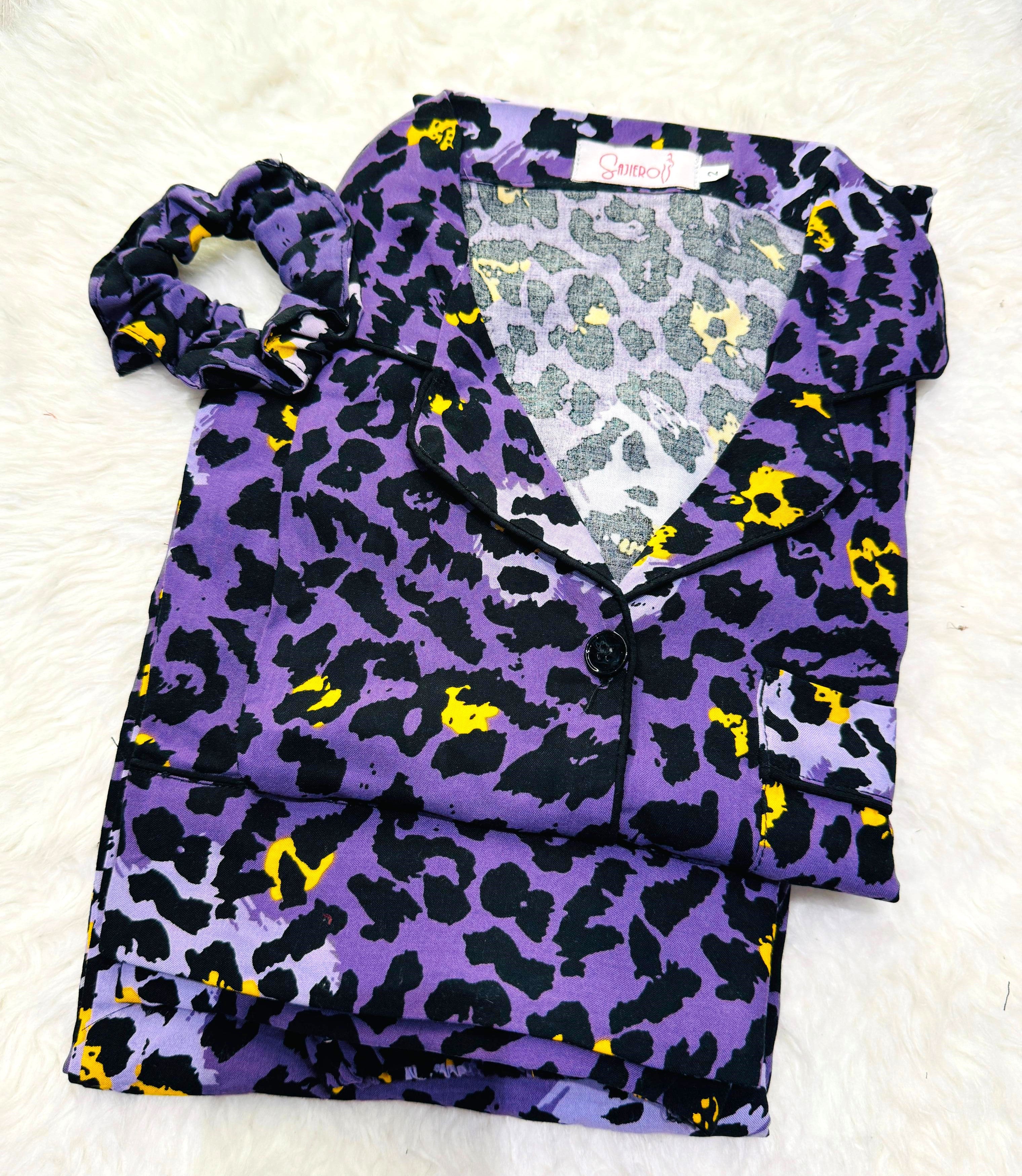 Summer Boski Linen Printed Night Suit Purple Jaguar for women/Girls. 