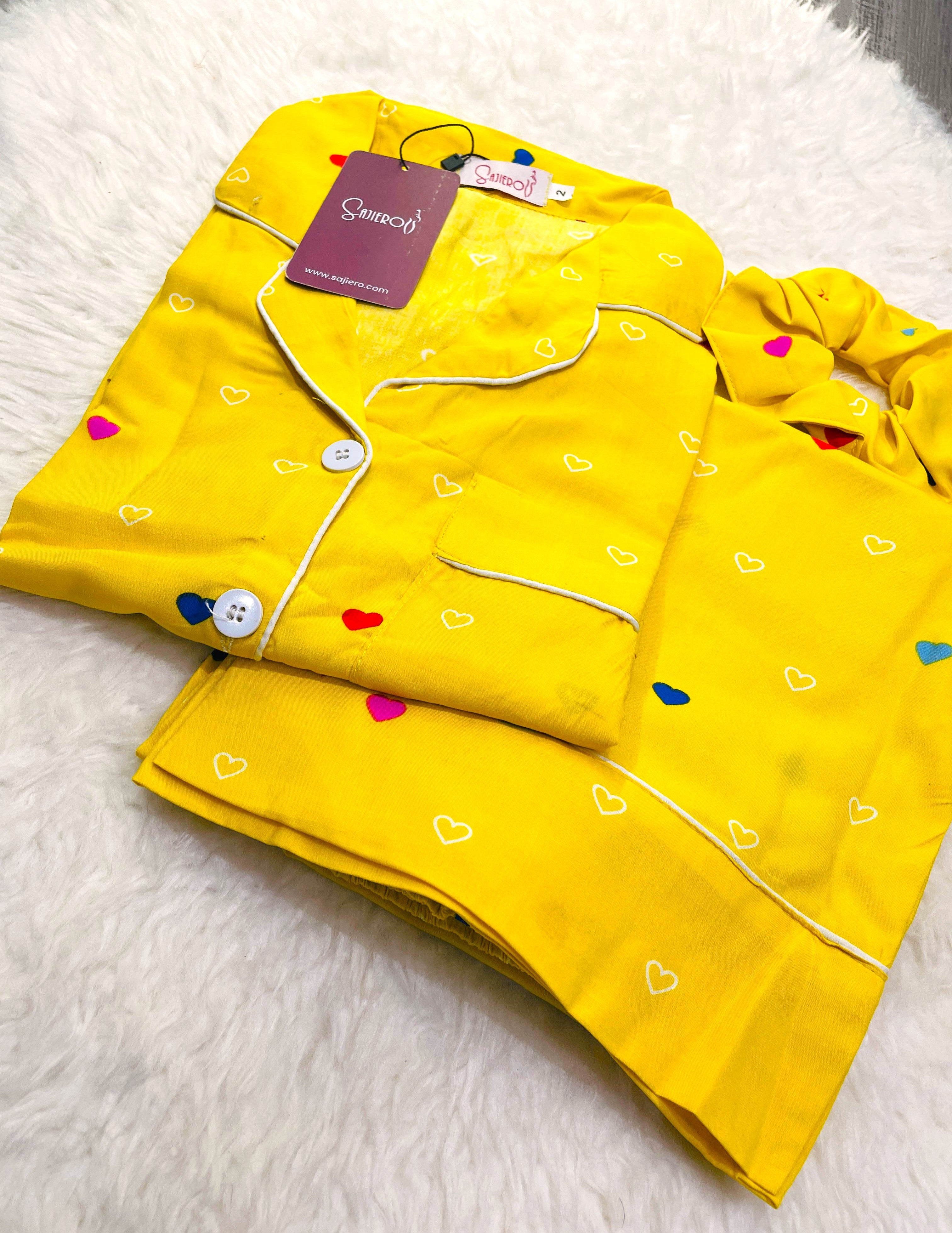 Sajiero Galaxy Boski Linen  Printed Pajama Suit Multi Yellow