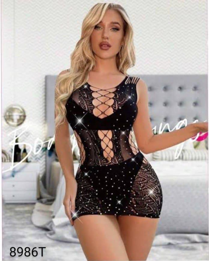 Sajiero Rhinestone Multi Stripe Half Body Transparent Stocking