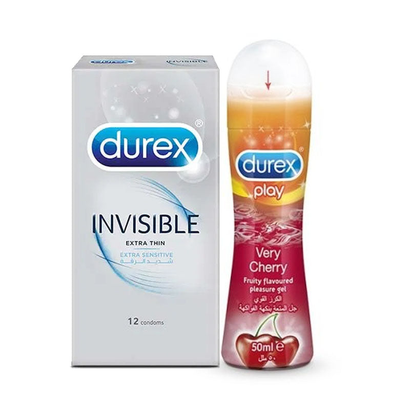 Durex Invisible Condoms pack of 12's with Durex Very Cherry Lubricant 50ml best quality durex sex  gel and  durex thin condom feel like no condom pice in pakistan online